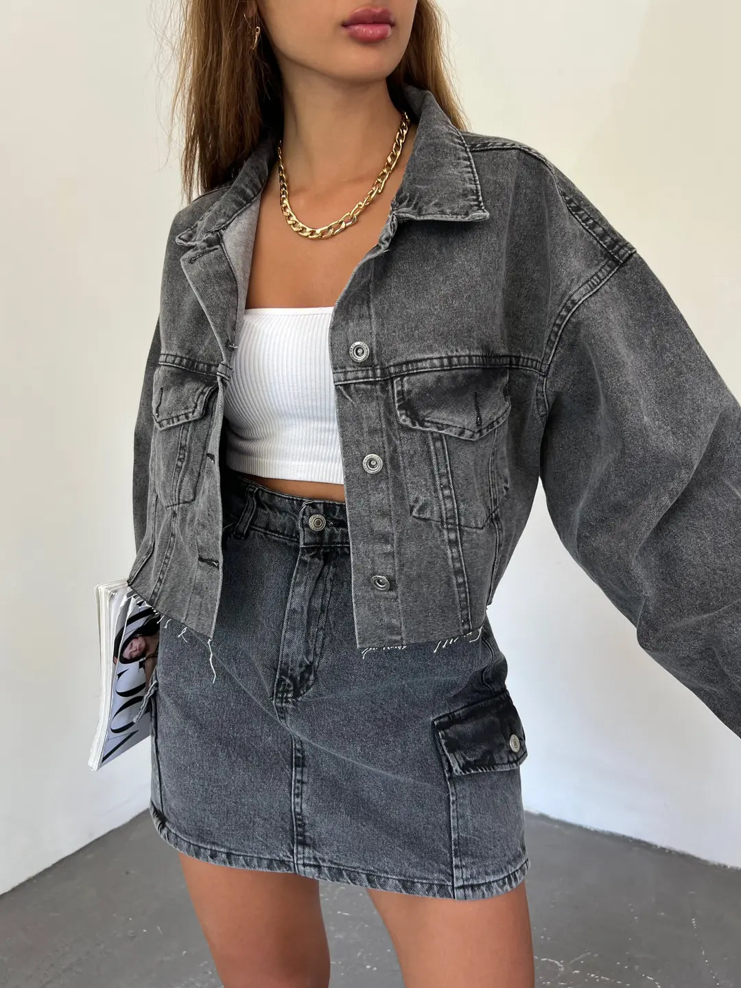 Çift Cepli Yıkamalı Crop Denim Ceket