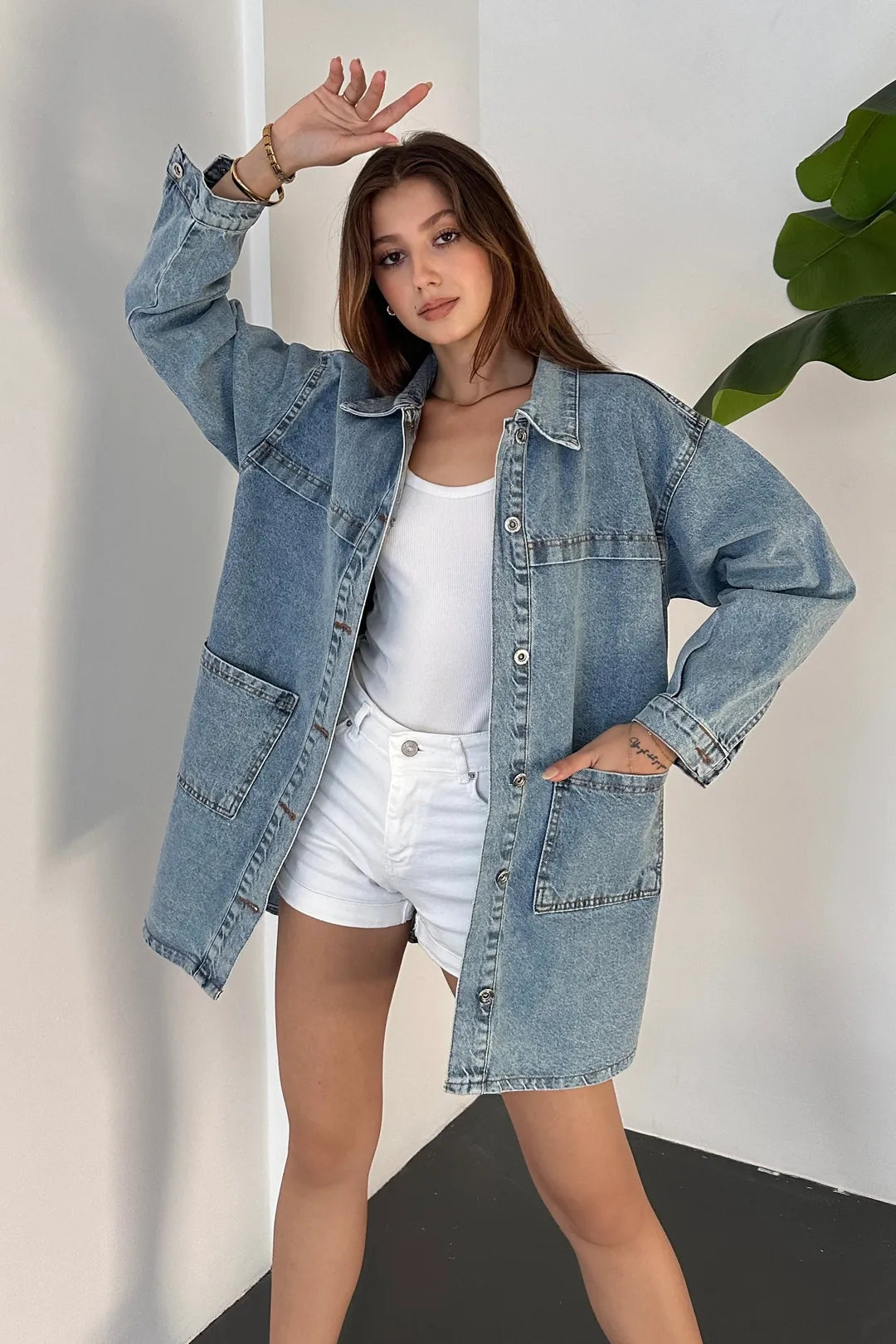 Düğmeli Çift Cep Oversize Denim Gömlek Ceket