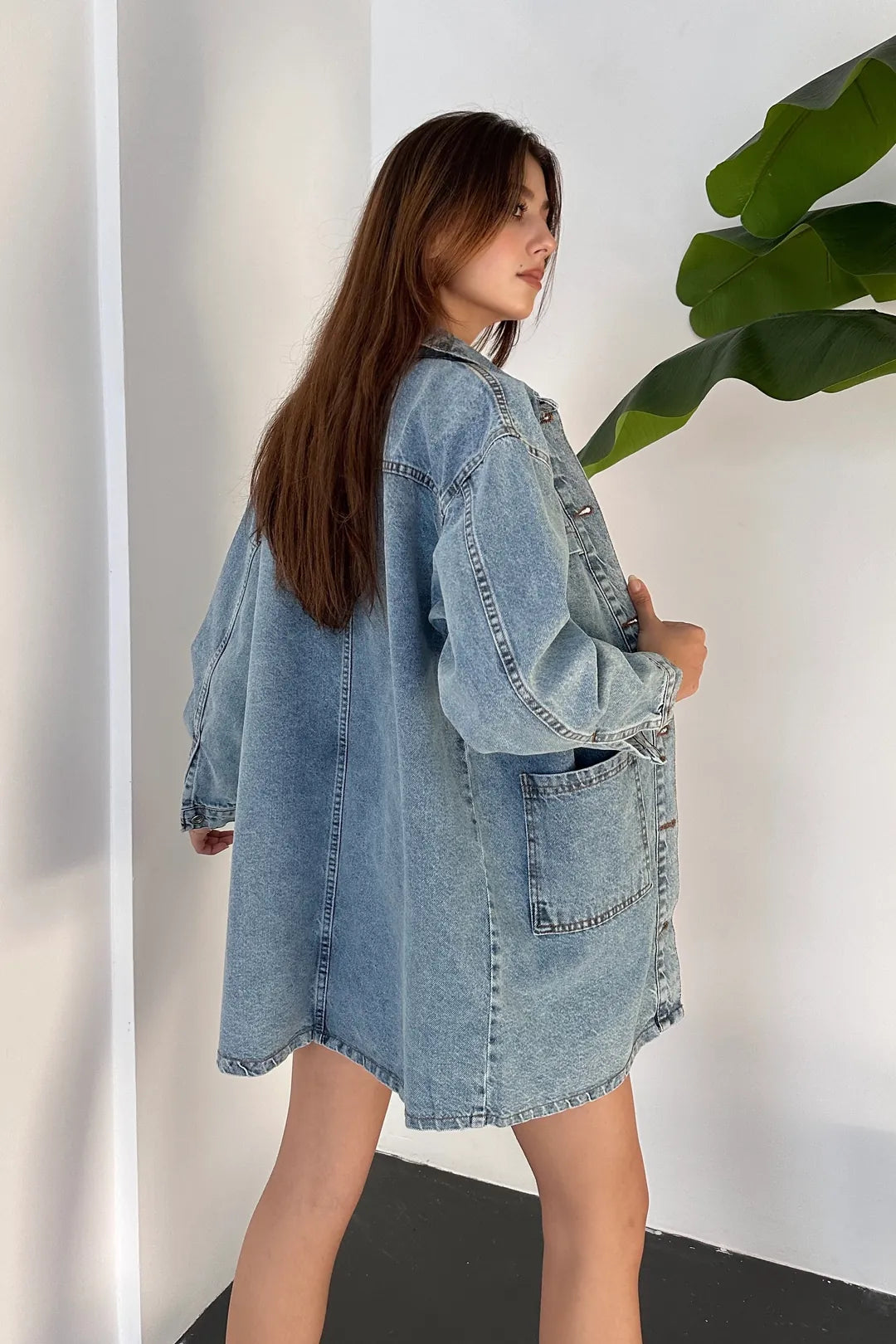 Düğmeli Çift Cep Oversize Denim Gömlek Ceket