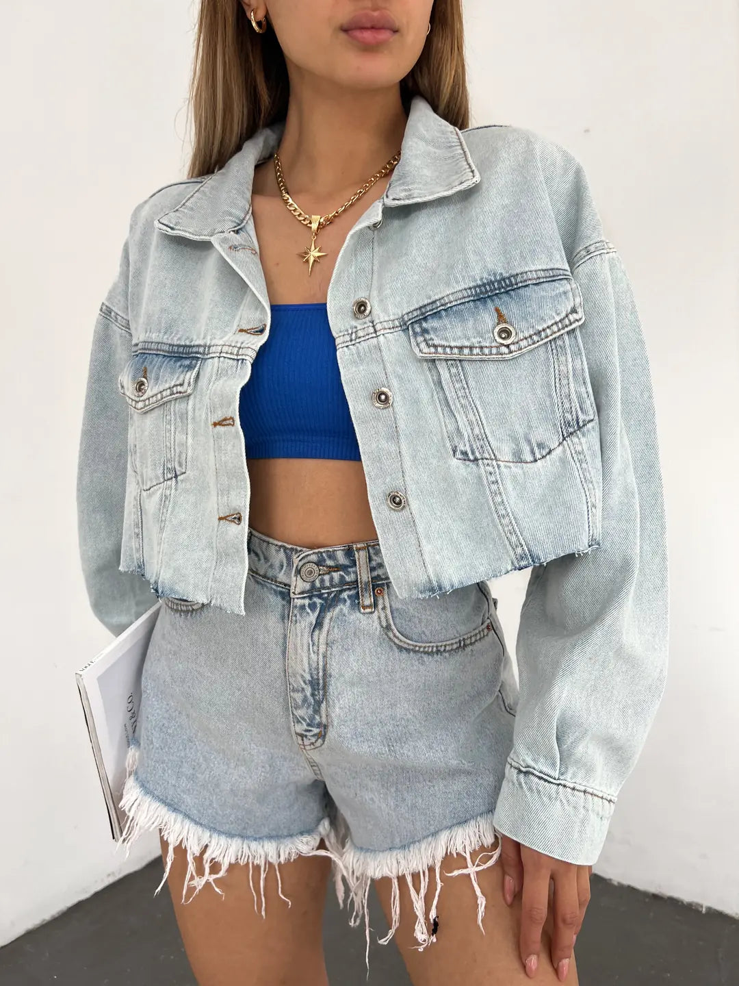 Çift Cepli Yıkamalı Crop Denim Ceket